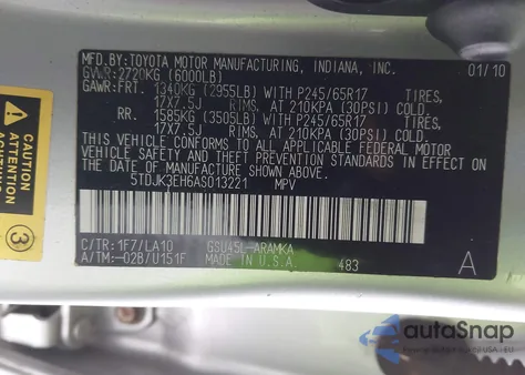 2010 Toyota Highlander Se V6 z USA, uszkodzony, nr VIN 5TDJK3EH6AS013221